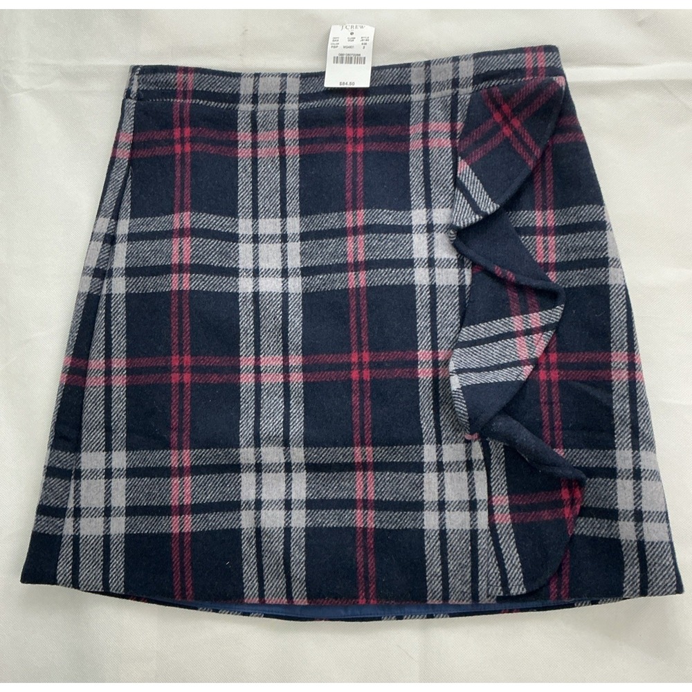 J. Crew Mercantile Plaid Wool Blend Ruffle Mini Skirt Navy Pink Size 2 J6192 NWT